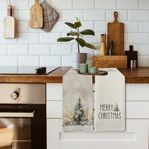 Rustic Beige Winter Christmas Tree Kitchen Towel and Dishcloths Sets