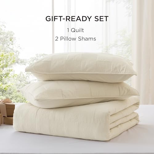 Bedsure PureWoven 100% Cotton Quilt Set, Checker, Queen Comforter