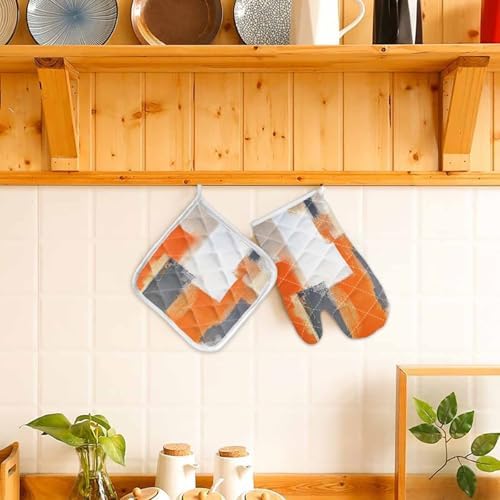 Quilted Cotton Terry Cloth Oven Mitt, Pot Holder Orange Gray Abstract