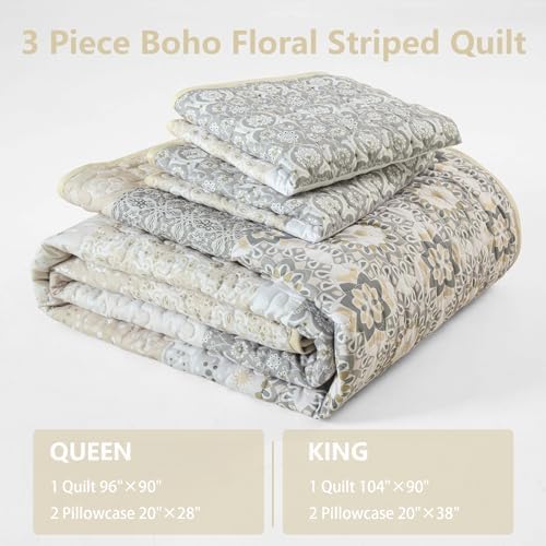 WONGS BEDDING Boho Quilt Set Queen,3 Pcs Beige Floral Striped