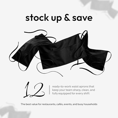 White Classic 12 Pack - Black Server Waist Aprons with 3 Pockets