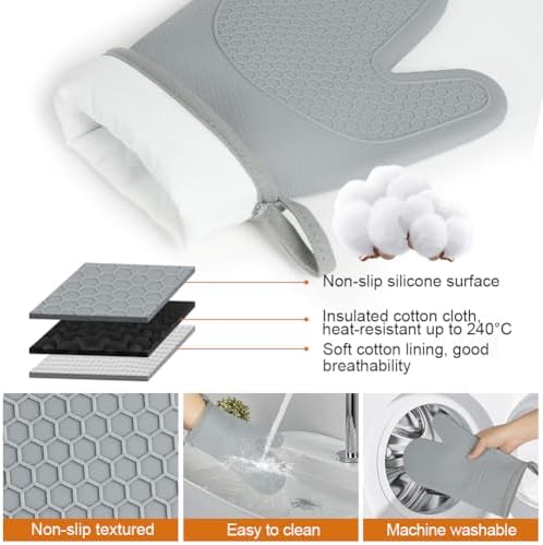 AUAUY Oven Mitts with 2 Potholders, Silicone Oven Gloves, Grey