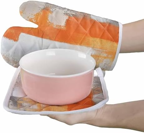 Quilted Cotton Terry Cloth Oven Mitt, Pot Holder Grey Orange Smear