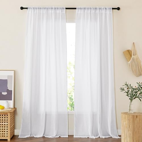 NICETOWN White Linen Sheer 120 inch Curtains for Living Room, Rod