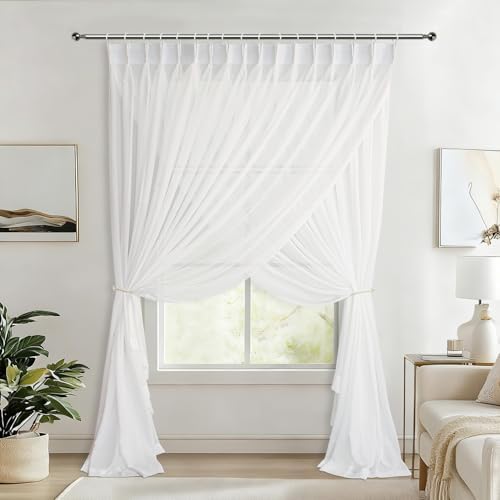 Double Layers Pinch Pleated Cream Sheer Curtains 63 Inches Long Drapes
