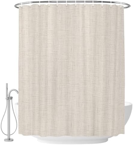Creamy Solid Shower Curtain with 12 Hooks, Minimalist Tan Linen