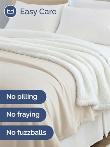 Sherpa Fleece Blanket Throw Size - Reversible Blanket - Ivory, 50" x