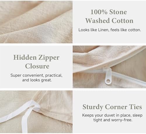 Queen Size Washed Cotton Duvet Cover Set, 3 Pieces Linen Like Cooling