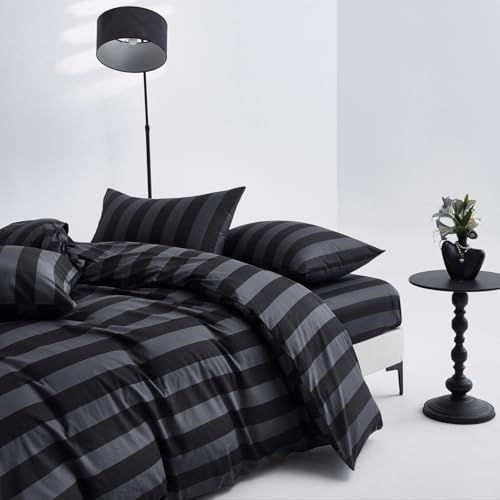 Black Dark Gray Stripe Duvet Cover Set King 100% Cotton Twill Bedding