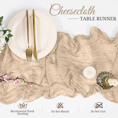 8 Pack Beige Cheesecloth Table Runners, 17 x 108 Inches Boho Wedding