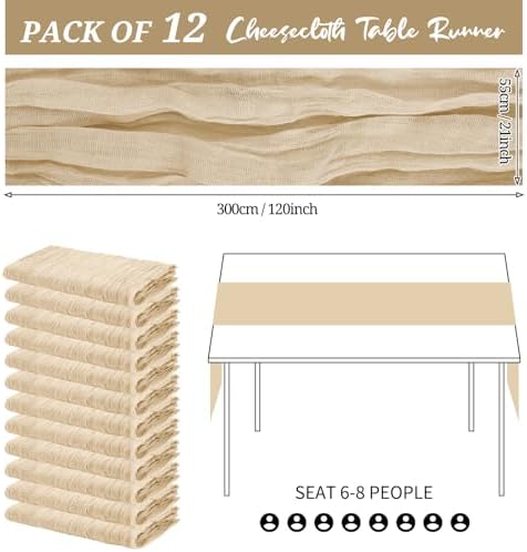 YMHPRIDE 12 Pack Beige Table Runners 20x120in Cheesecloth Table Runner