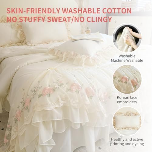 French Chic Bedding Set 4-Piece - Romantic Lace Trim Washed Cotton