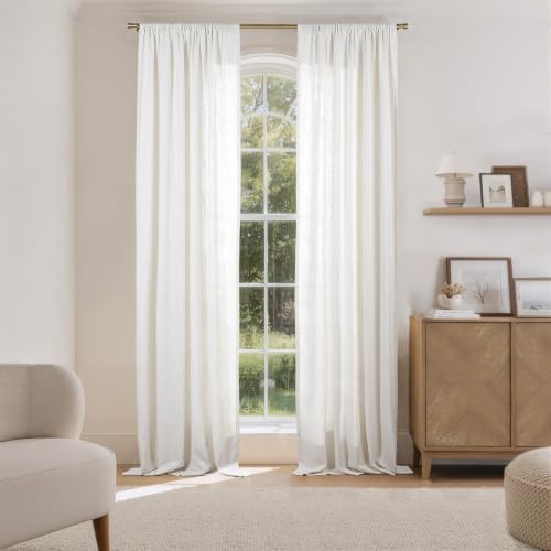 TWOPAGES Linen Room Darkening Rod Pocket Curtain, Beige White, 50Wx84L