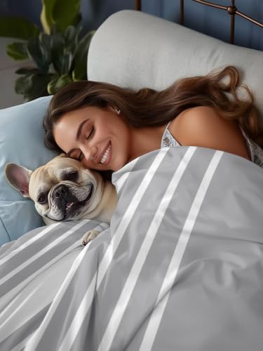 Cal King Size Flat Sheet Only, Light Gray White Stripes Bed Top Sheet