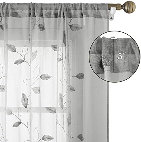 HOMEIDEAS Light Grey Sheer Curtains Leaf Embroidered, 52x63 Inch, 2