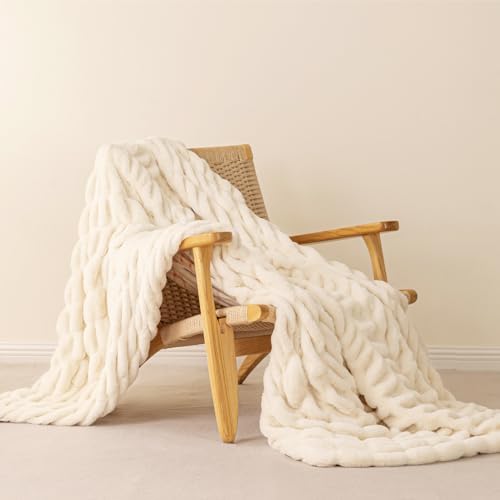Sophia & William, Ruched Wavy Faux Fur Throw Blanket, 60 x 80, Cream