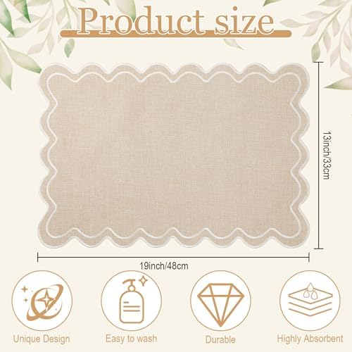 Set of 4 Cotton Linen Scalloped Placemats, Beige