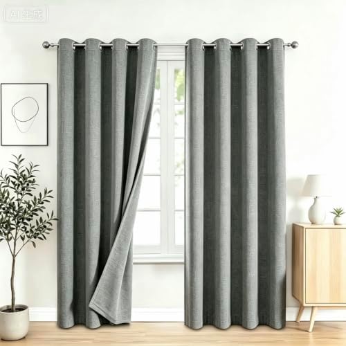 Linen Textured 100% Blackout Curtains for Bedroom 2 Panels Set,Grommet