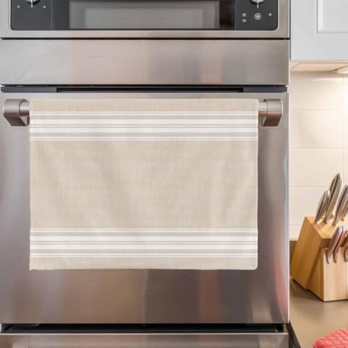 Cream Striped Kitchen Towels Set of 3, Absorbent Dish Towels for