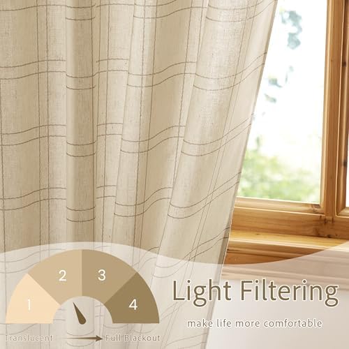 RYB HOME Rustic Linen Blend Gingham Curtains for Living Room 84 Inch