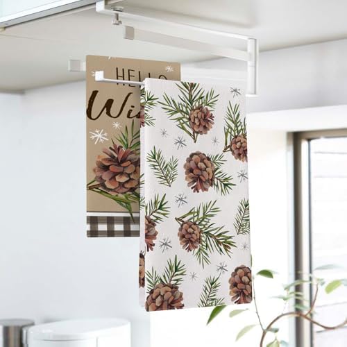 Hello Winter Brown Kitchen Dish Towel, Pine Cones Branches Snowflakes