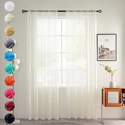 youleyar Solid Sheer Rod Pocket Curtain Voile Draperies 2 Panels White
