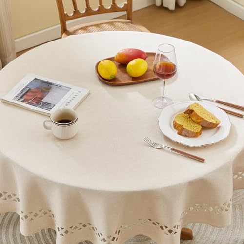 Beige Round Linen Tablecloth with Lattice Cutwork, 47 inch Round