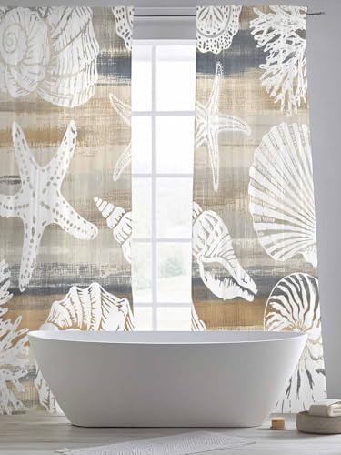 Beige Grey Coastal Semi Sheer Curtains 108 inch length 2 panels set