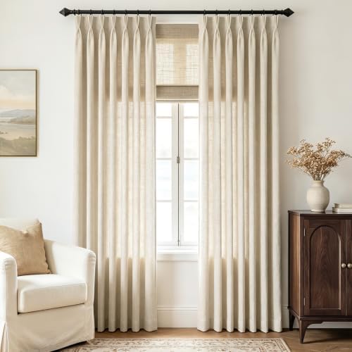 Beige Pinch Pleated Linen Curtains 120 inch Length 2 Panels for Living
