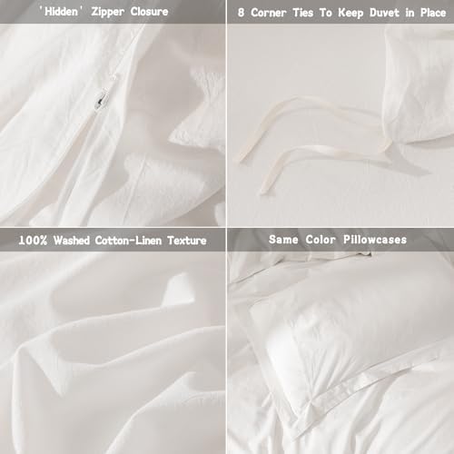 3Pcs Off White Solid Queen Duvet Cover Set Washed Cotton