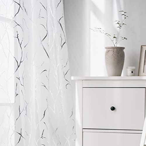 Kotile White Sheer Curtains with Silver Tree Branch 52x63 Inch, 2