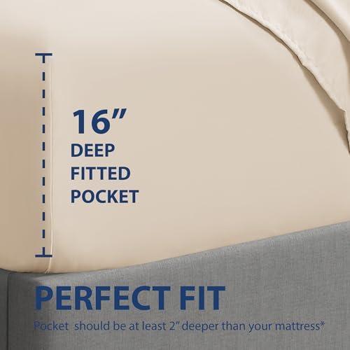 Cathay Home Cal King Fitted Sheet Only, 16" Deep Pocket, Cream