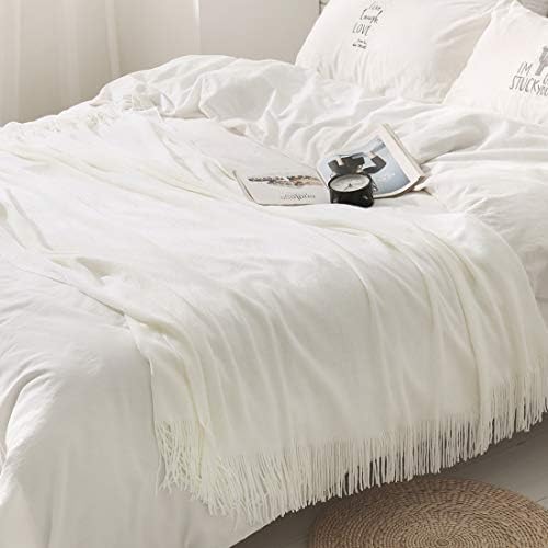Homiest Ivory Knitted Throw Blanket with Fringe, 50x60 Inch