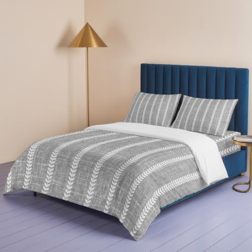 4 Piece Duvet Cover Set for Full Size Bed,Grey Boho Stripe Light Linen