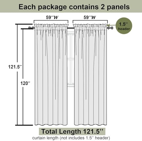Lecloud Taupe Sheer Curtains 120 Inches Long 2 Panels Set, Rod Pockets