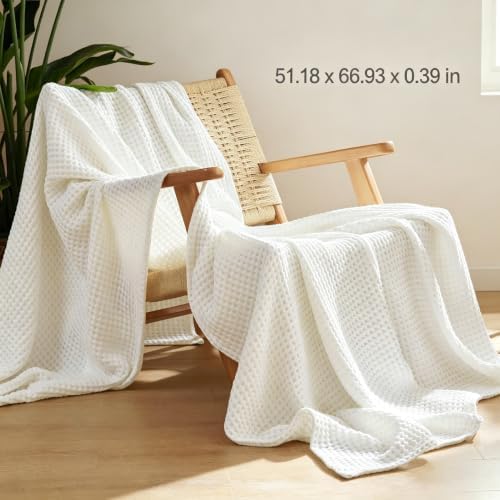 Lightweight 100% Cotton Waffle Blanket,Throw XL,Ivory