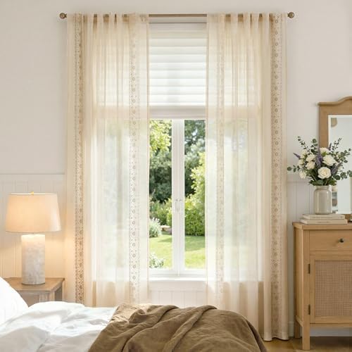 jinchan Floral Linen Curtains, Back Tab 54x96 Inch, 2 Panels Ivory