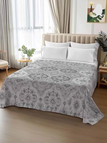 Cal King Size Flat Sheet Only, Vintage Gray Flower Texture Bed Top