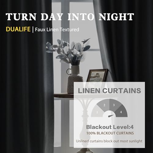 DUALIFE Linen Blackout Curtains 63 Inches Long, Back Tab Rod Pocket