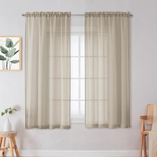Chyhomenyc Crushed Sheer Taupe Curtains 63 Inch Length 2 Panels, Light
