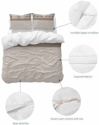 LooPoP Duvet Cover Set Queen Size Beige Stripes Comforter Sets