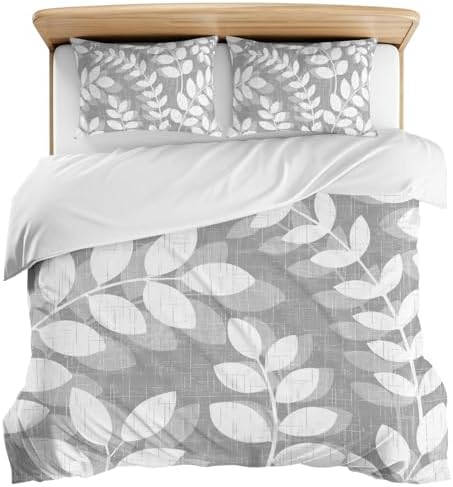 3 Pieces Bedding Set King Size, Gray Leaves Soft Duvet Covers Set with