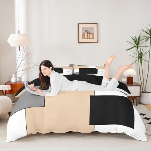 Homewish Black White Khaki Duvet Cover Set King Size,Modern Geometric
