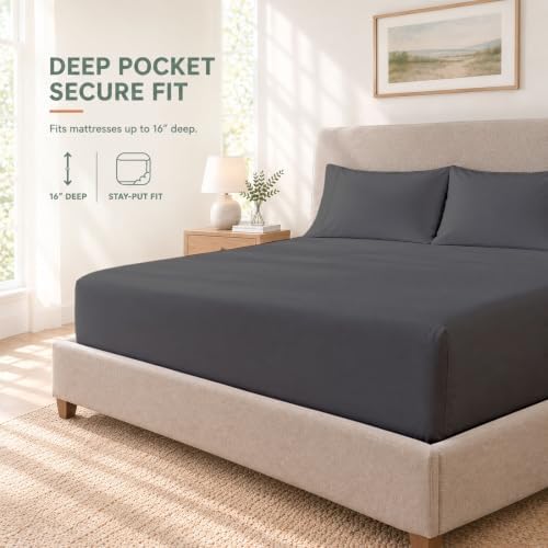 King Sheet Set, 4-Piece 16" Deep Pocket, Egyptian Cotton, Dark Grey