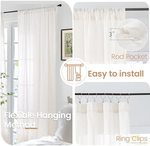 BGment Linen Semi Sheer Curtains 52X63 Inch Length for Living Room