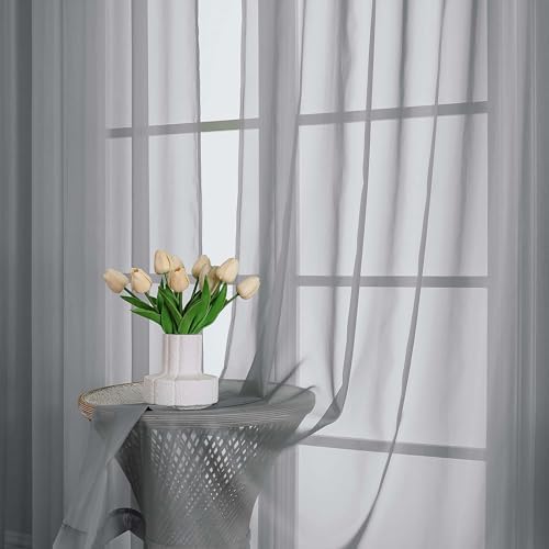 OWENIE Grey Sheer Curtains 96 Inch Long 2 Panels for Living Room 59"