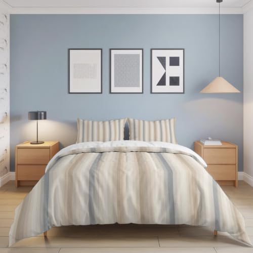 Brown Gray Striped Duvet Cover Queen Size Bedding Set 4 Pieces, 1