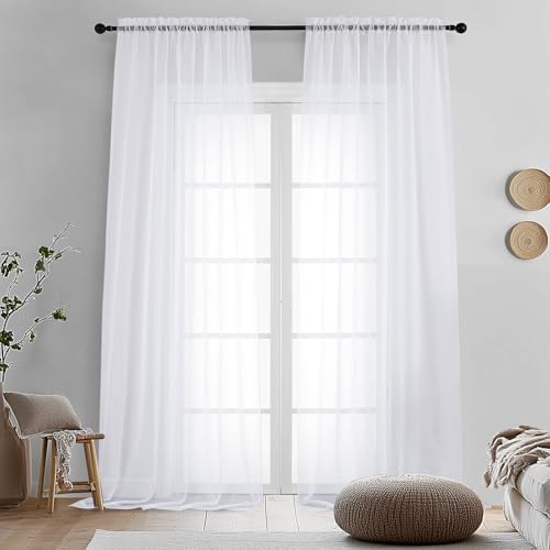 OVZME 2 Panels White Sheer Curtains 96" Length for Bedroom, Elegant