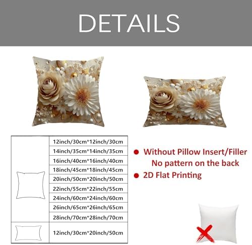 Elegant Floral Pillow Covers Set of 2, Cream Gold Decor Throw Pillows