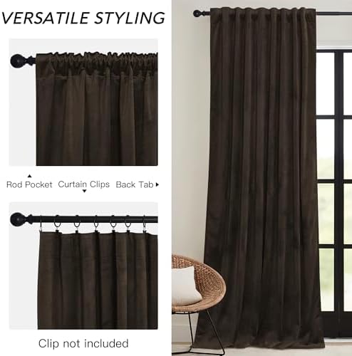 RYB HOME Brown Velvet Curtains 72 inches Length with Hook Belt